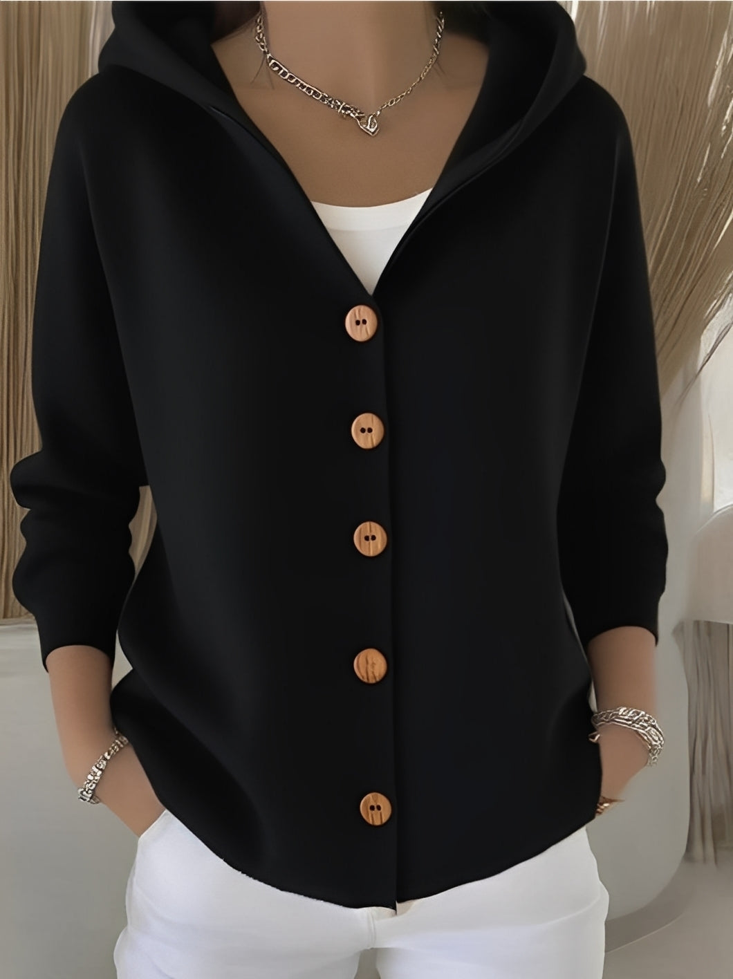 Knitted Ladies' Cardigan with Hood and Buttons for a Comfortable Casual Look