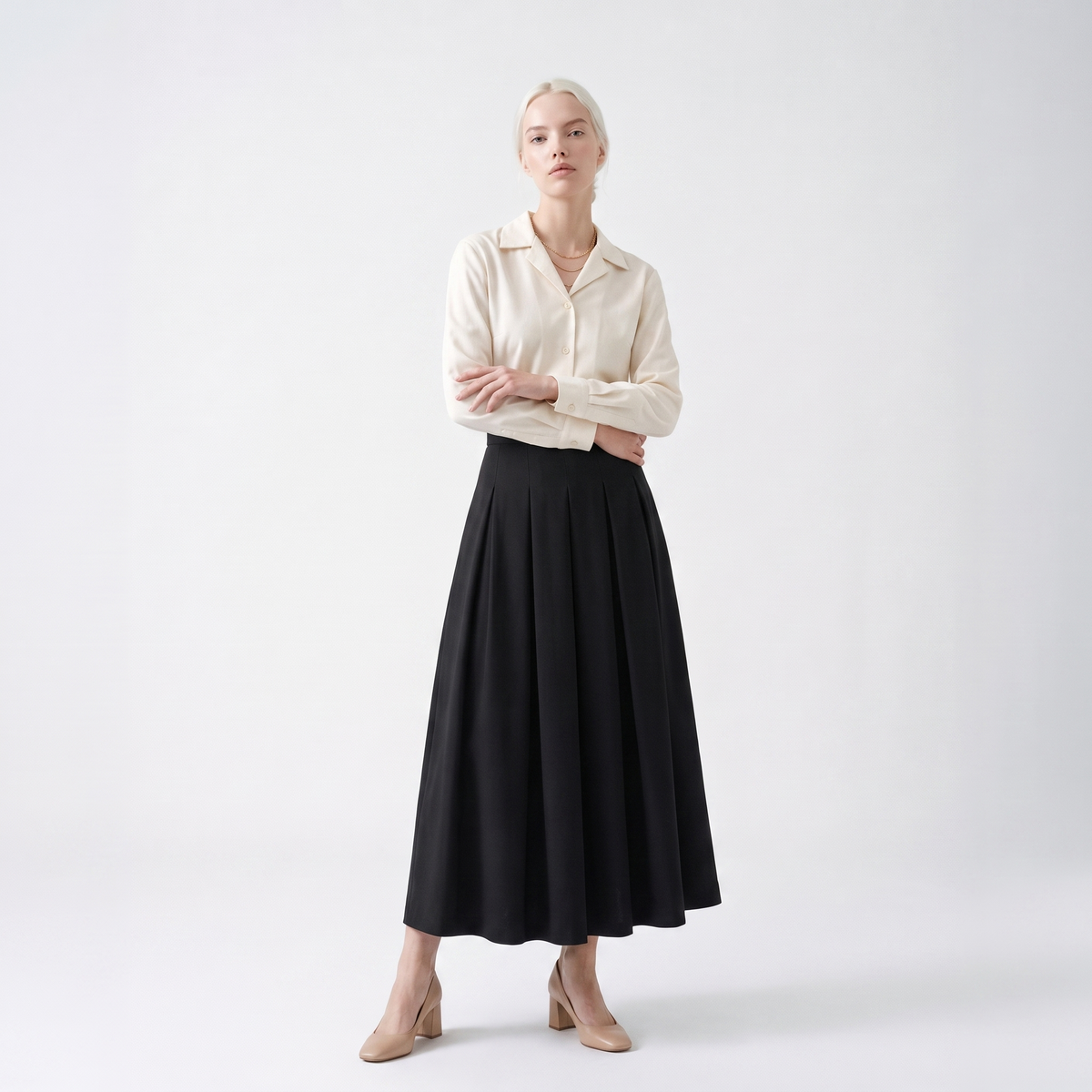 Ladies' Refined Maxi Skirt with Wide Waistband and Knife Pleats