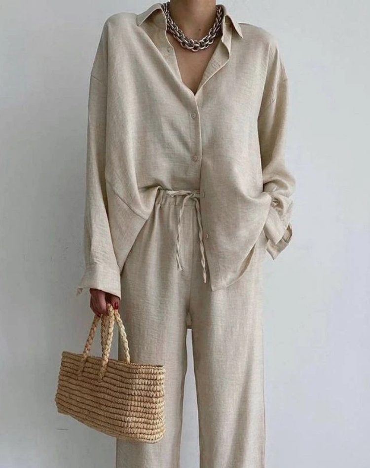 Dominique - Conjunto de blusa y pantalones anchos