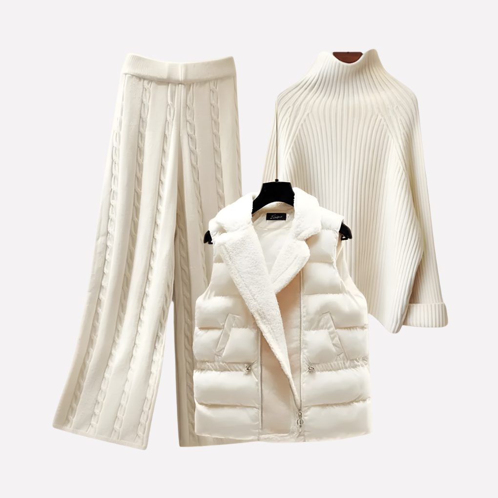 Damen Rollkragenpullover, Hose und gefütterte Weste