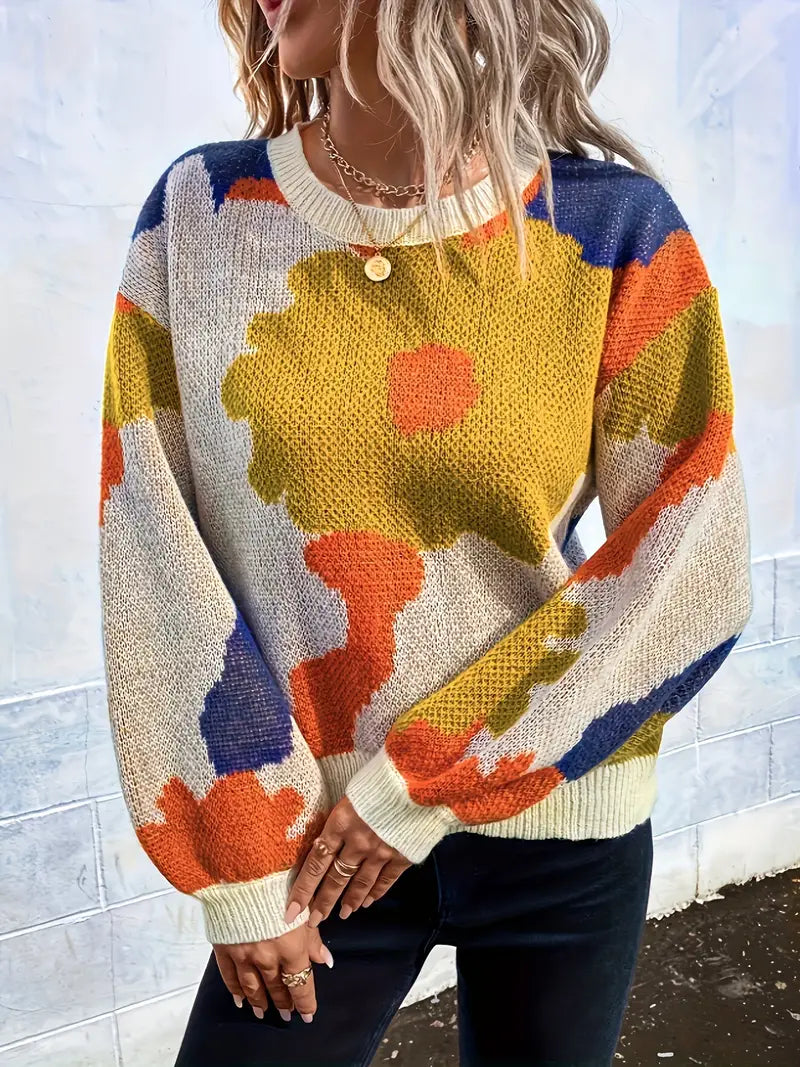 Ladies' Colourful Knitted Jumper with Round Neck and Floral Print