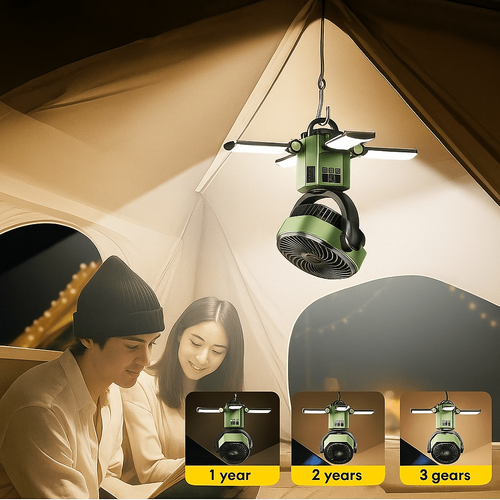 Ventilador portátil para camping con luz LED y batería de 6000 mAh