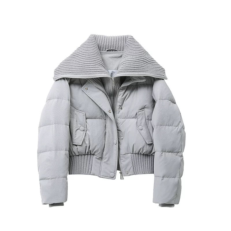 Ladies Short Puffer Winter Jacket Quilted with Ribbed Collar