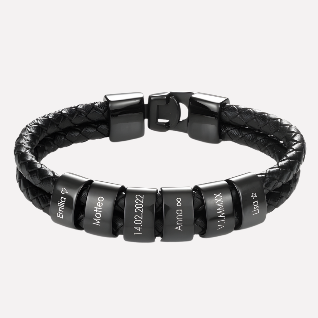 Men's Black Bracelet with Engraved Beads