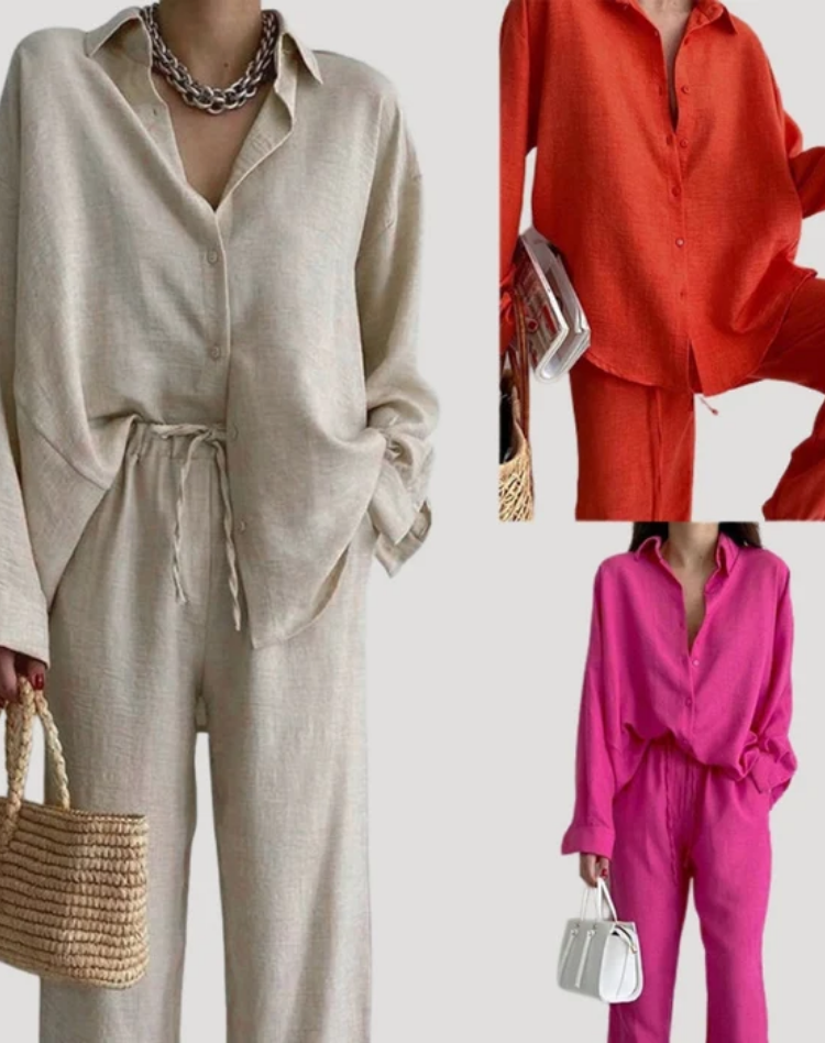 Dominique - Conjunto de blusa y pantalones anchos