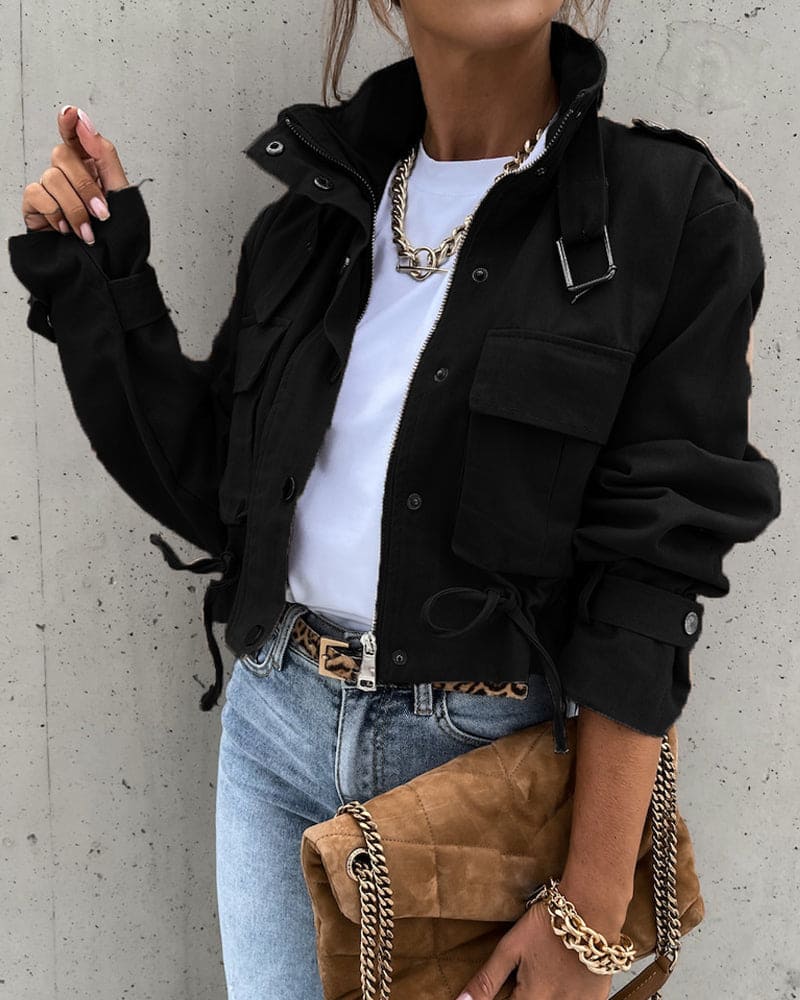 Kurze Bomberjacke für Damen mit Taschen, Kordelzug und Stehkragen