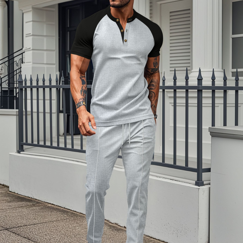 Men's Button-Up Shirt and Waffle Long Trouser Lounge Set