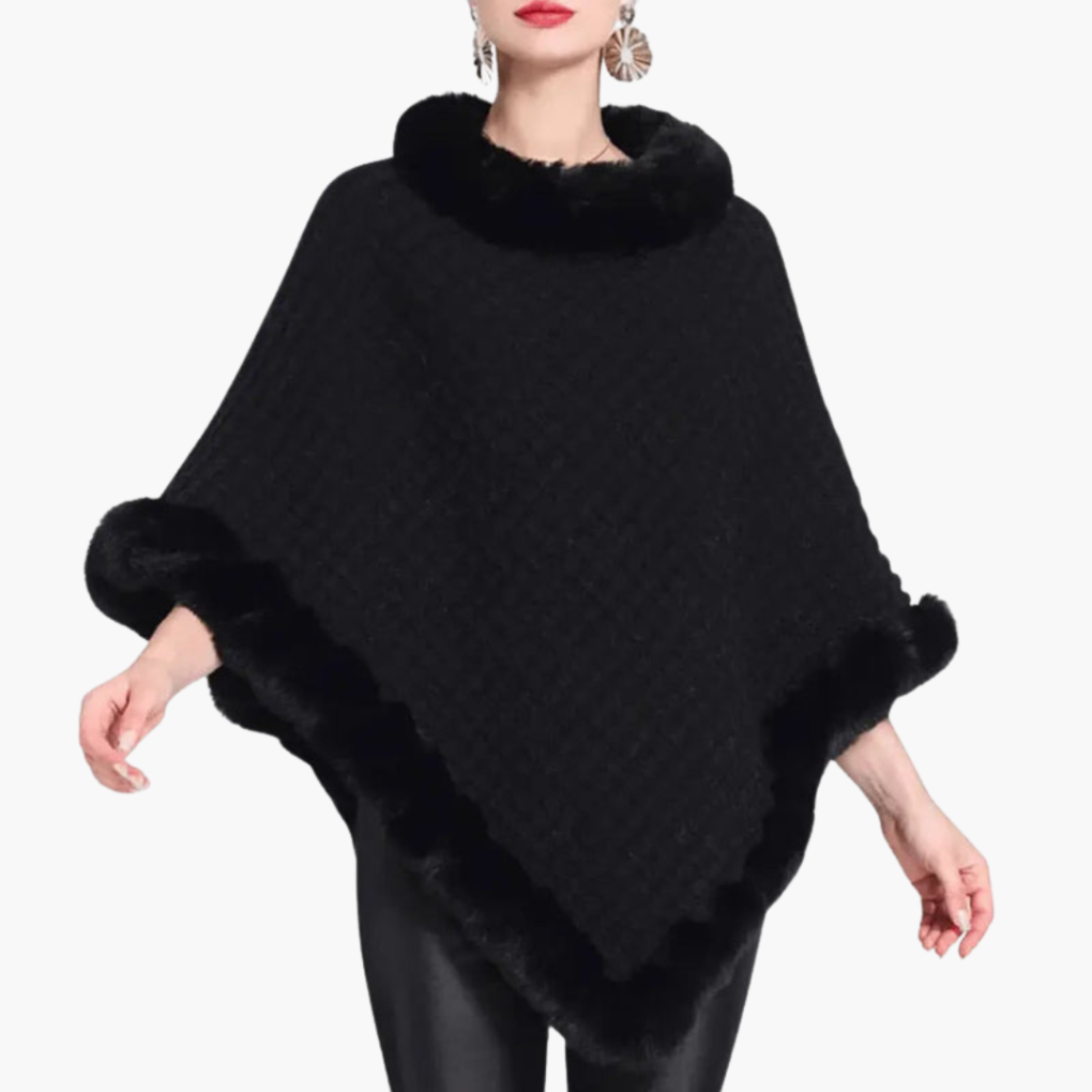 Poncho da donna in maglia con bordo in pelliccia sintetica e vestibilità oversize