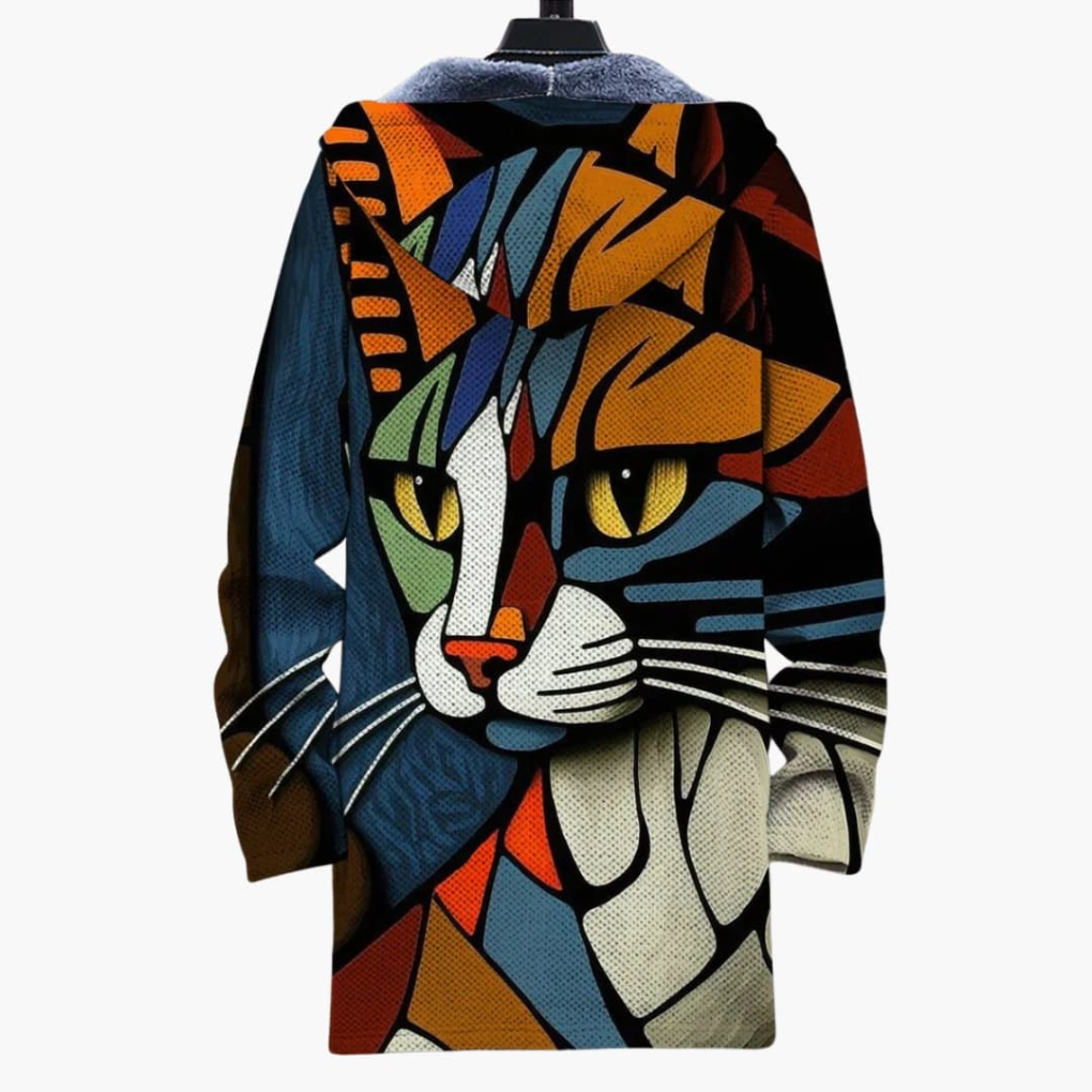 Casaco de malha unissexo com capuz, fecho e estampado de gato