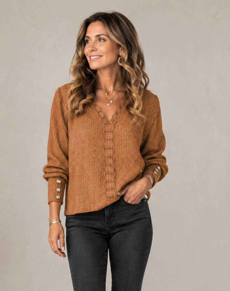 Blouse douce en maille à manches longues et col en V avec boutons, pour femme