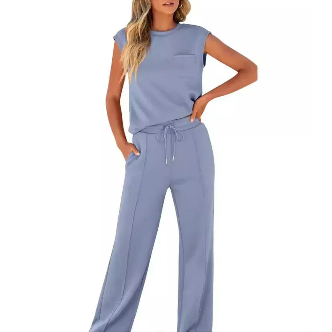 Ladies Comfortable Set with Sleeveless Top and Wide Trousers