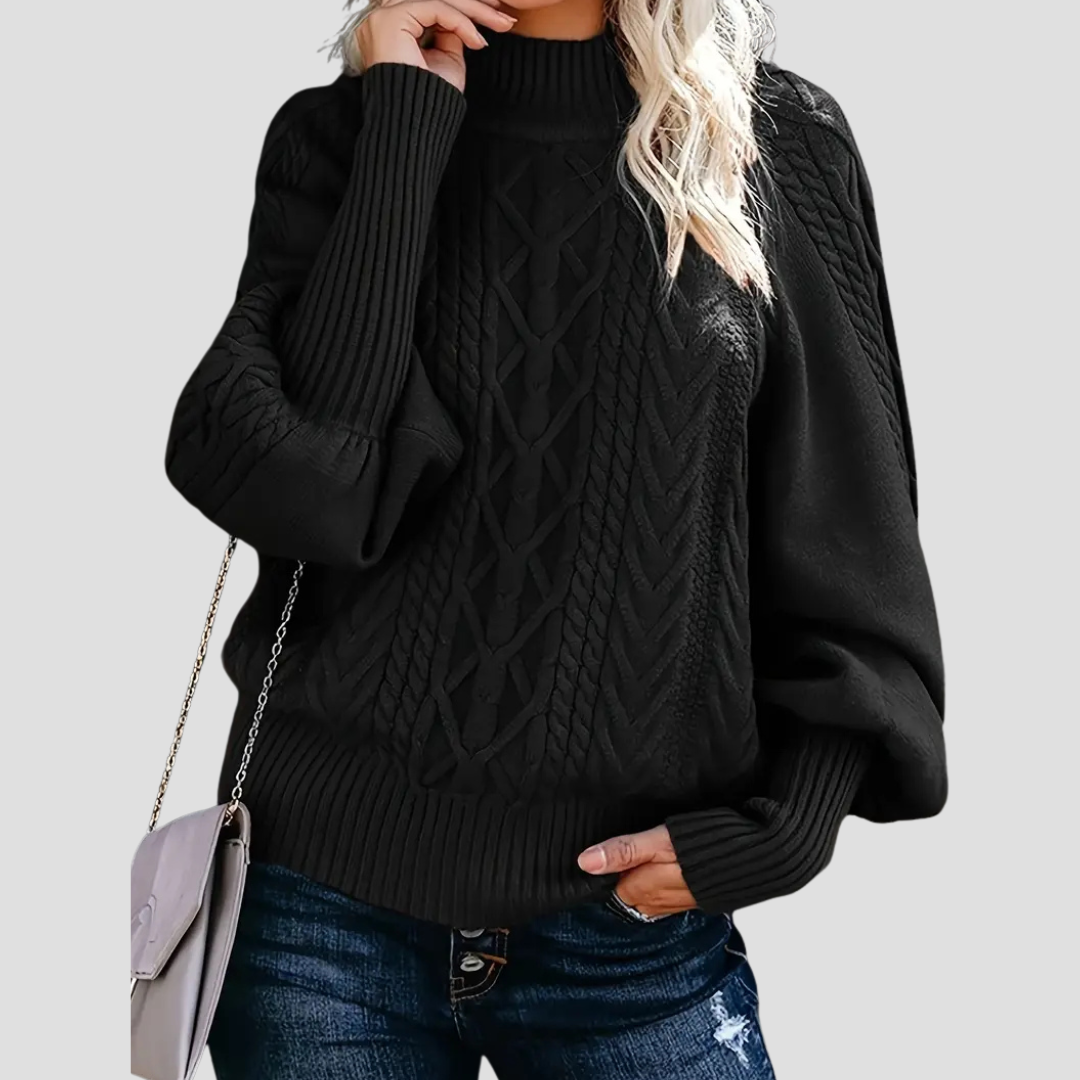 Cable Knit Ladies Turtleneck Warm with Balloon Sleeves