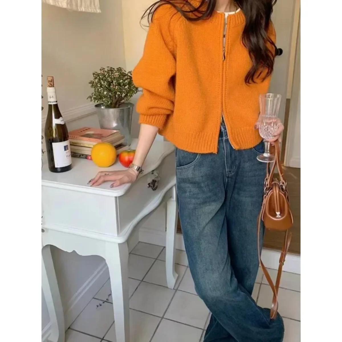 Orange Cardigan for Women with Soft Knit Look