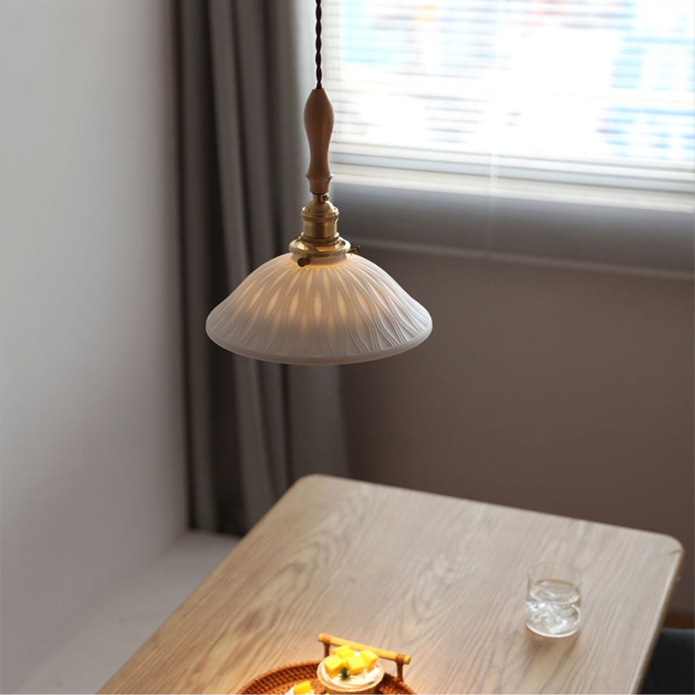 Lámpara colgante Japandi con diseño de ondas – Cerámica y madera