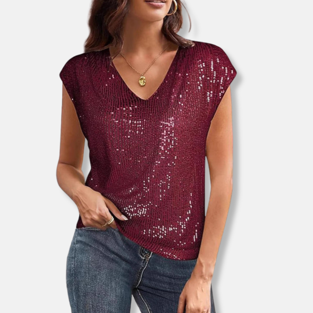 Top de lentejuelas brillantes para mujer con escote en V