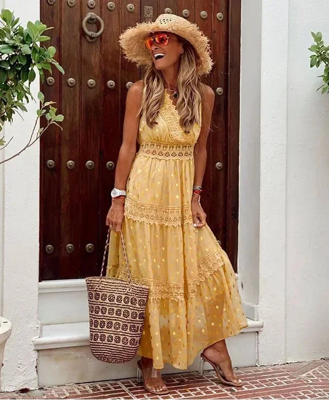 Isadora – Elegant Sleeveless Maxi Dress with Lace and High Waist