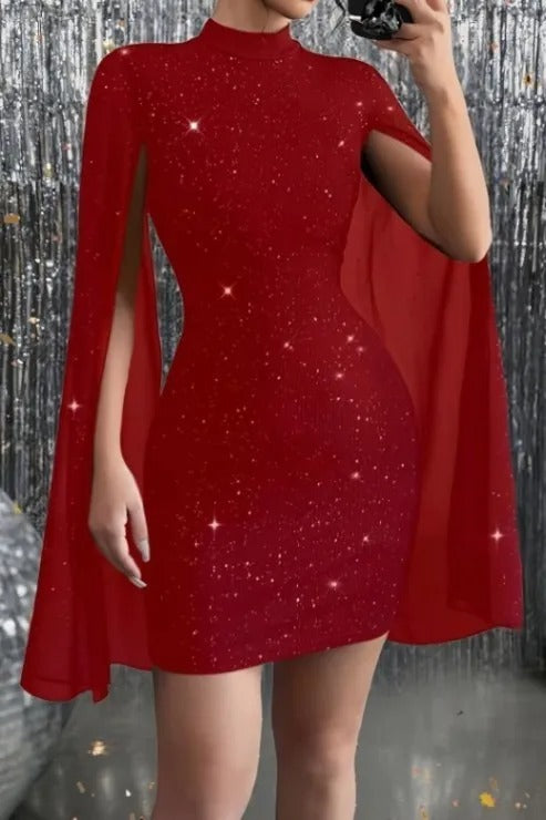 Mini Glitter Party Dress with Flowing Mesh Sleeves and Tailored Fit