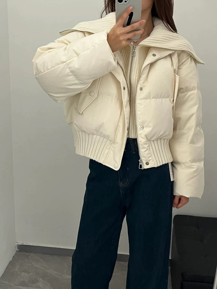 Ladies Short Puffer Winter Jacket Quilted with Ribbed Collar