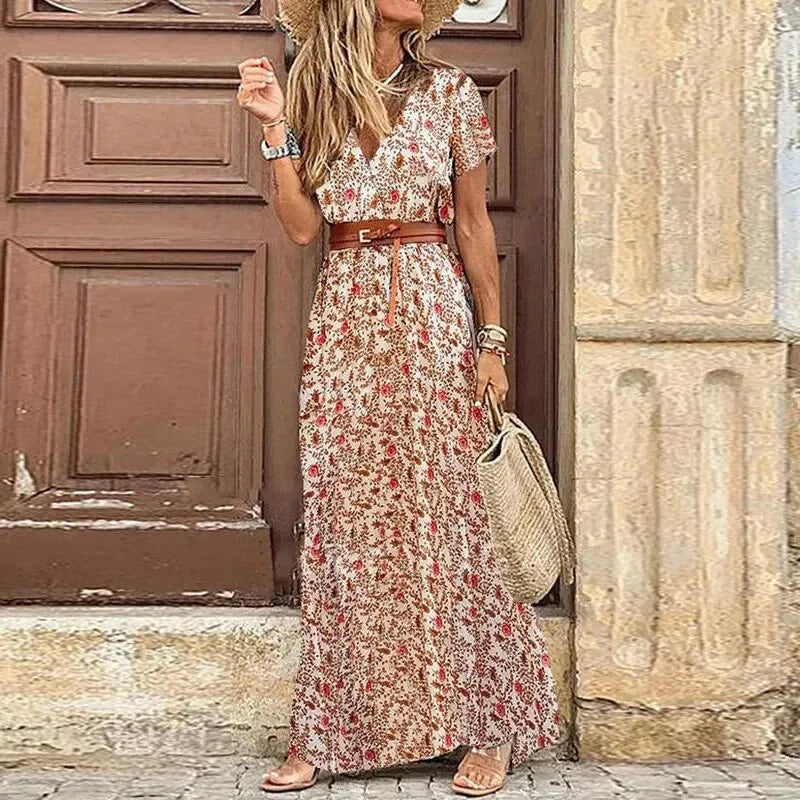 Summer Boho Dress with Floral Print and V-Neck