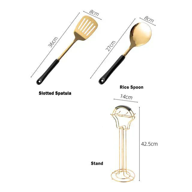 Luxe gouden keukengerei-set - 7-delig met Lattea-standaard