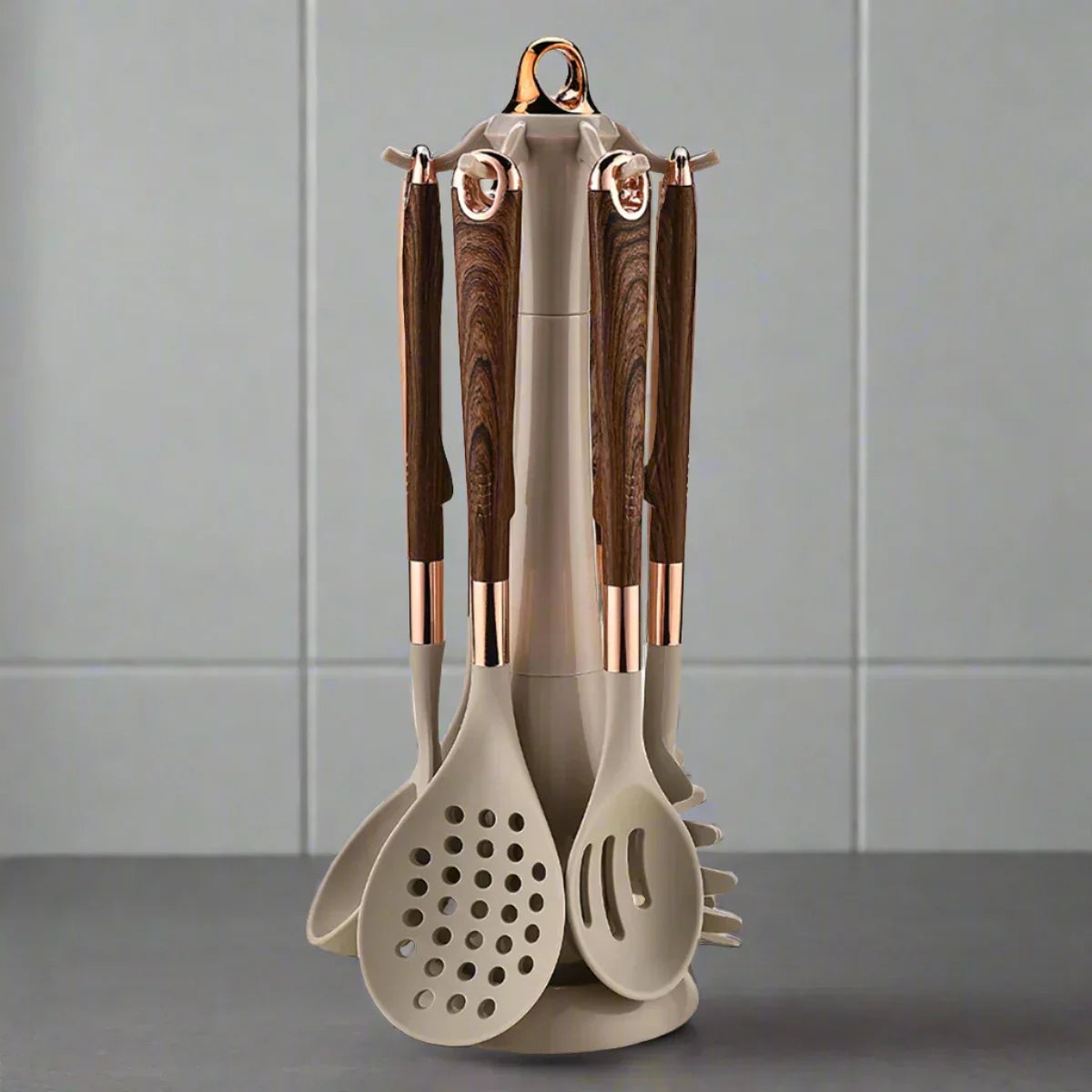 Set de utensilios de cocina de 7 piezas - Oro rosa - Incluye soporte para cucharas - Elegante y funcional