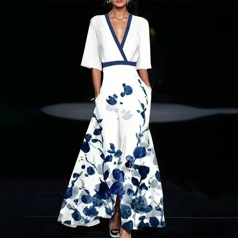 V-Neck Maxi Dress with Print and Pockets