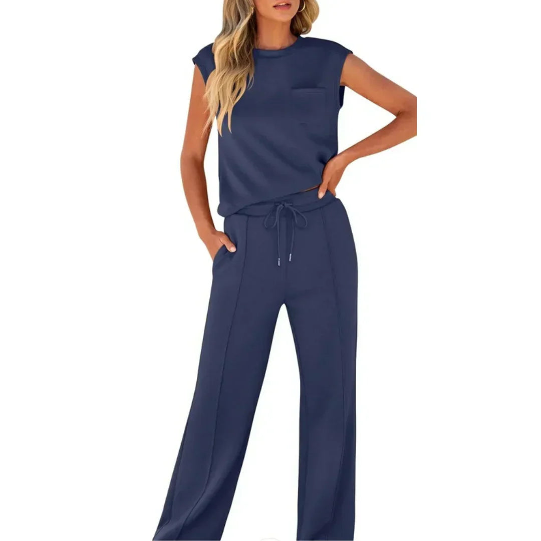 Ladies Comfortable Set with Sleeveless Top and Wide Trousers