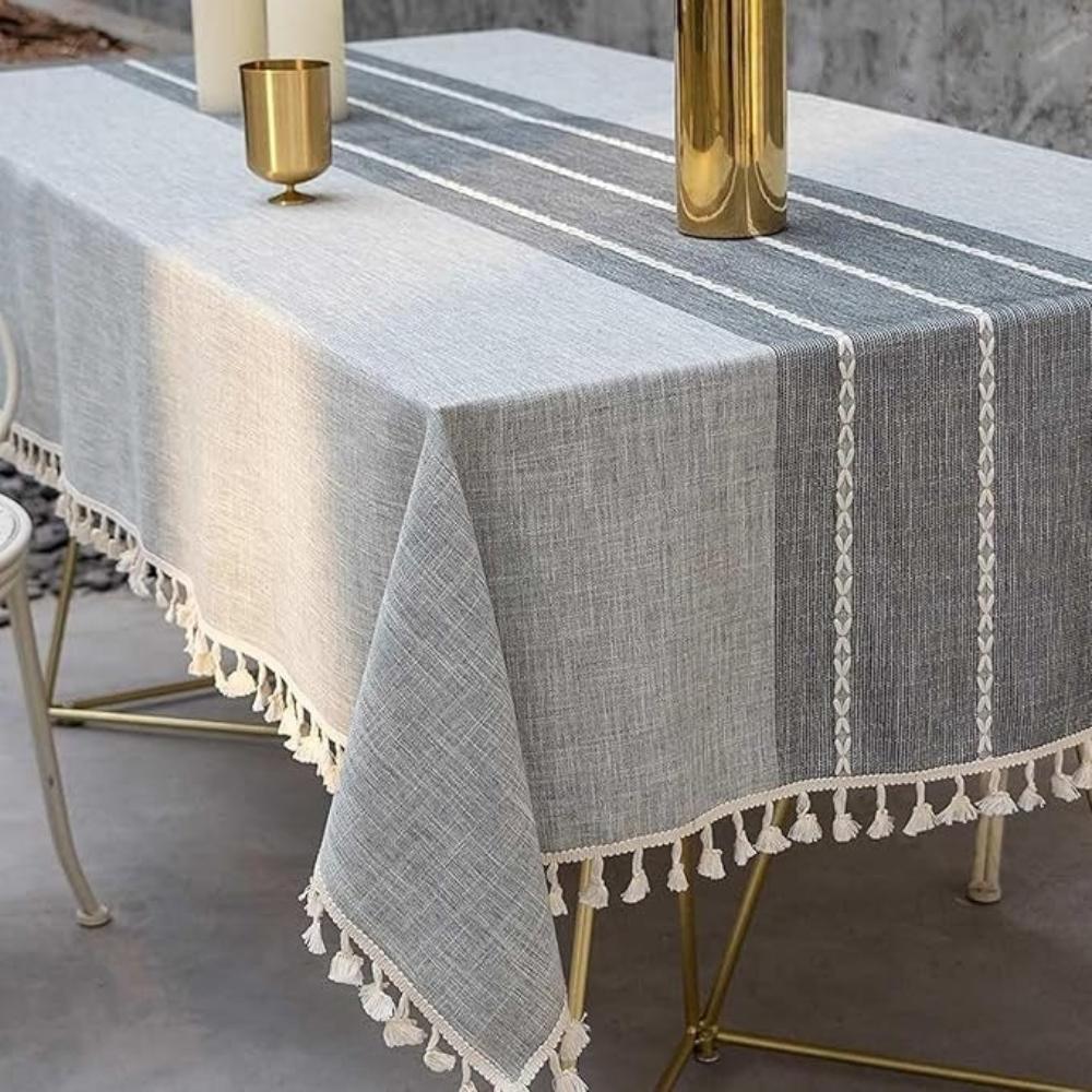 Linen Tablecloth with Geometric Pattern and Fringes