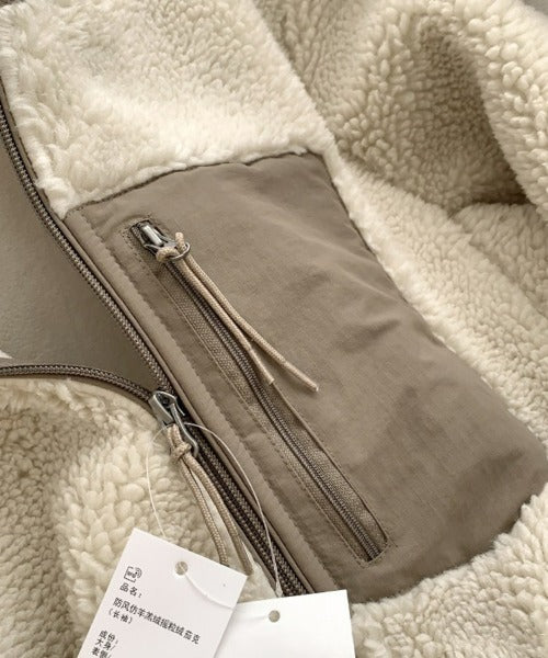 Ladies' Warm Teddy Jacket with High Collar and Zip Pockets