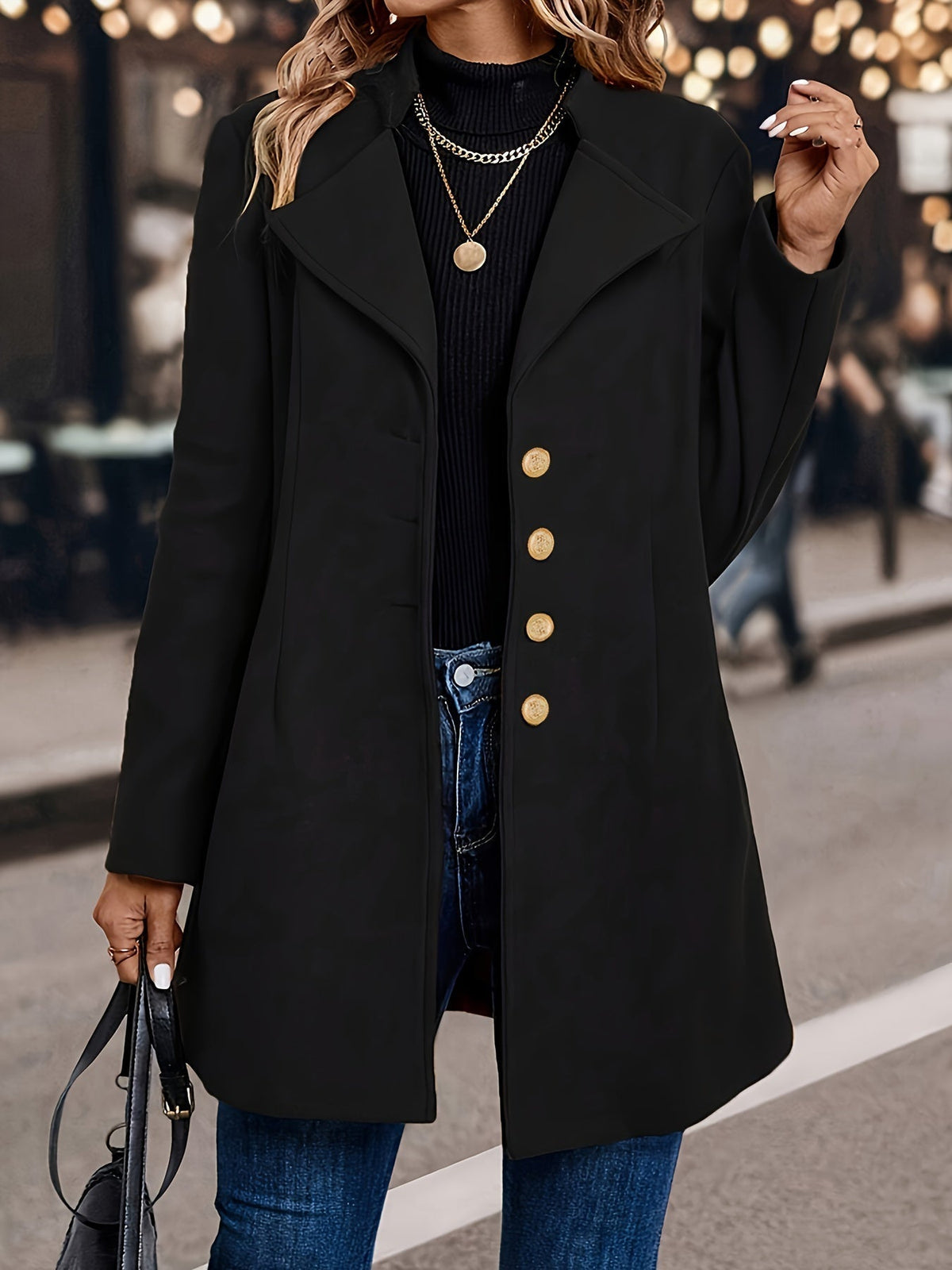 Ladies Long Tunic Coat with Button Closure and Lapel Collar