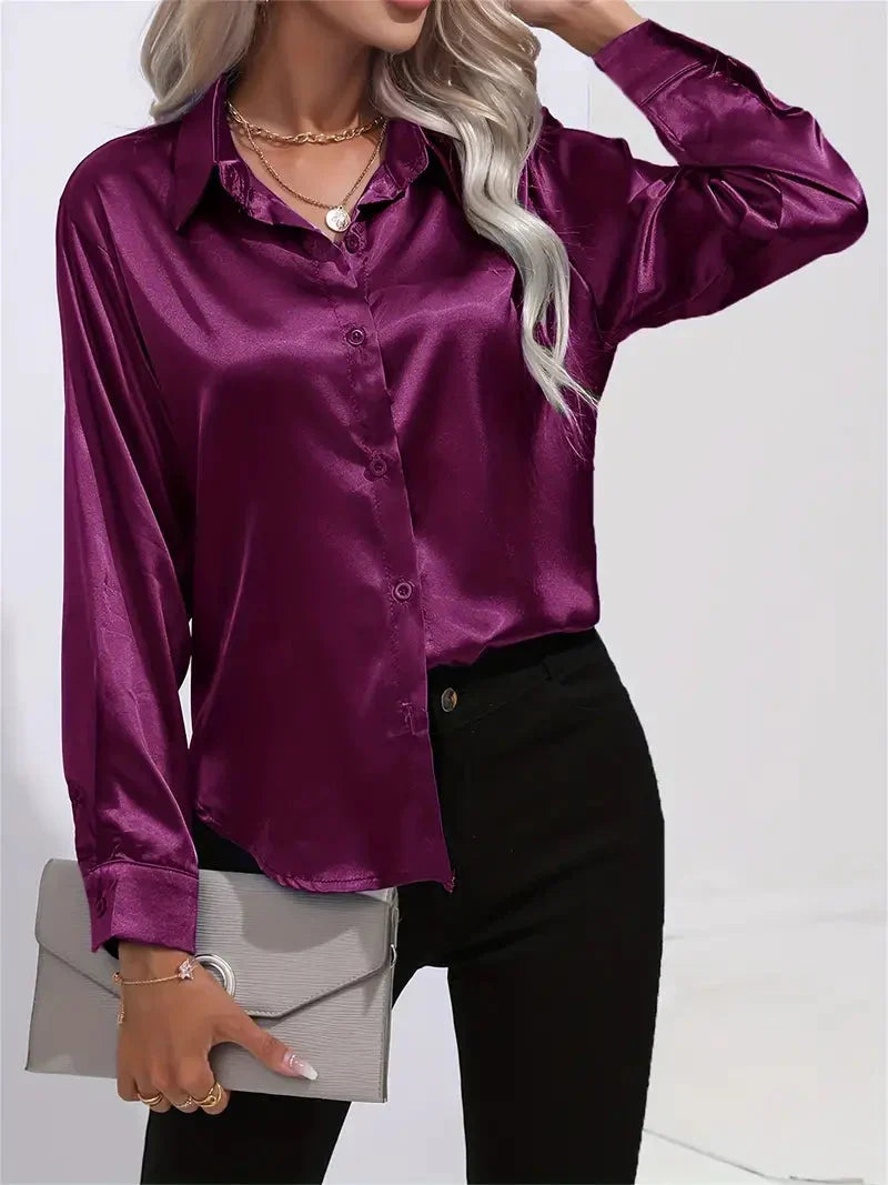 Elegant Satin Blouse with Collar and Button Closure for Women