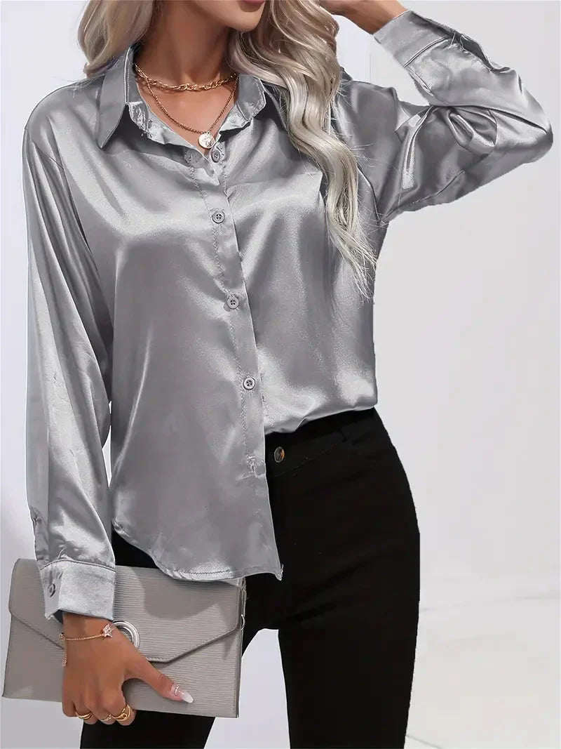 Elegant Satin Blouse with Collar and Button Closure for Women