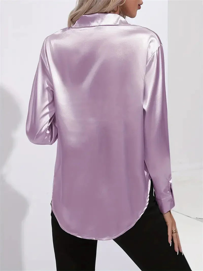 Elegant Satin Blouse with Collar and Button Closure for Women