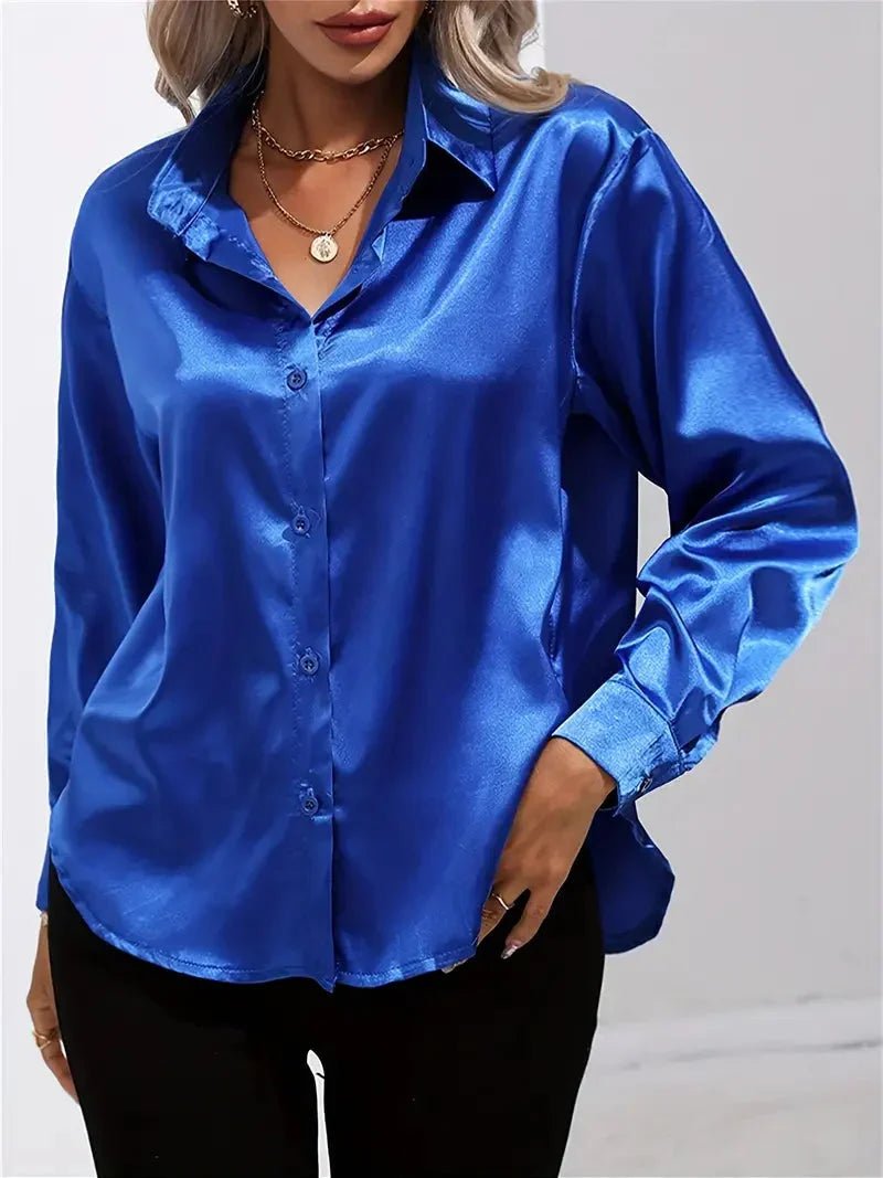 Elegant Satin Blouse with Collar and Button Closure for Women