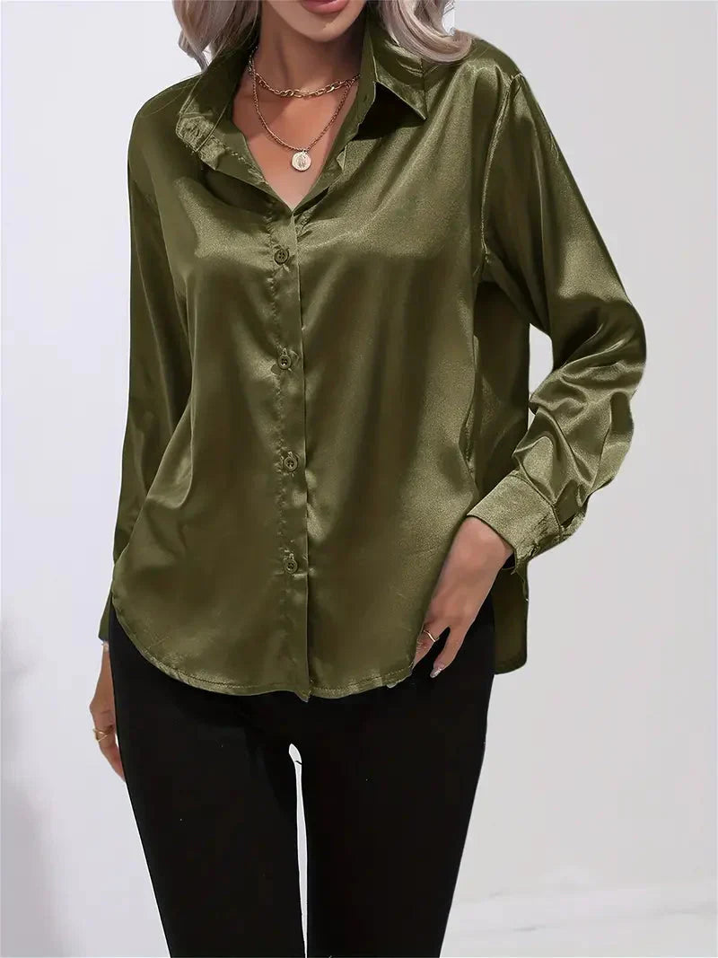 Elegant Satin Blouse with Collar and Button Closure for Women