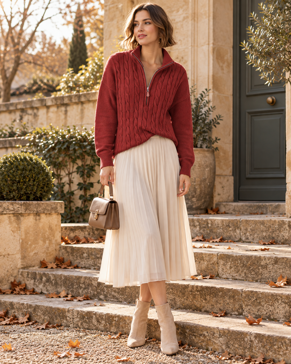 Ladies' Refined Knitted Jumper with Quarter Zip and Cable Pattern