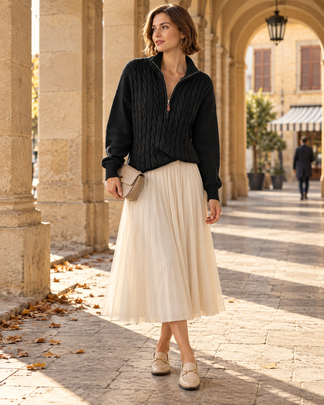 Ladies' Refined Knitted Jumper with Quarter Zip and Cable Pattern