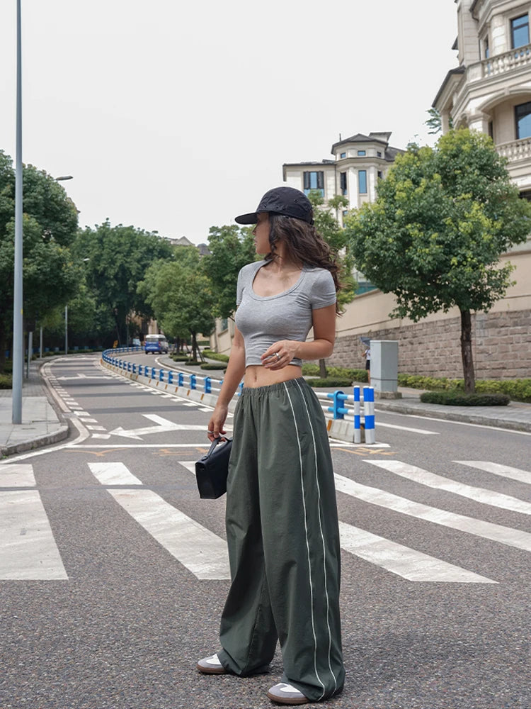 Baggy Cargo Parachute Pants with Drawstring and Low Waist