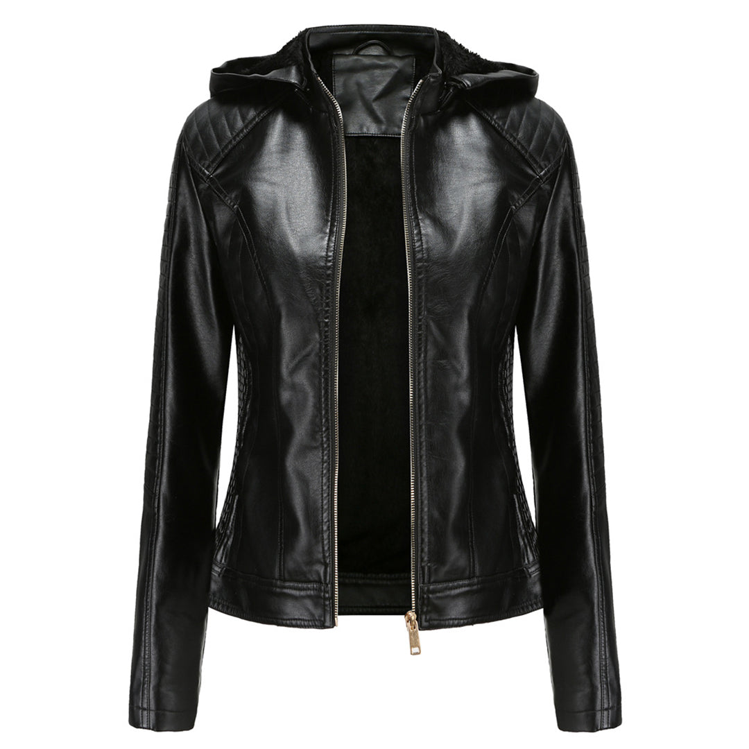 Leather Ladies Jacket with Removable Hood and Zipper