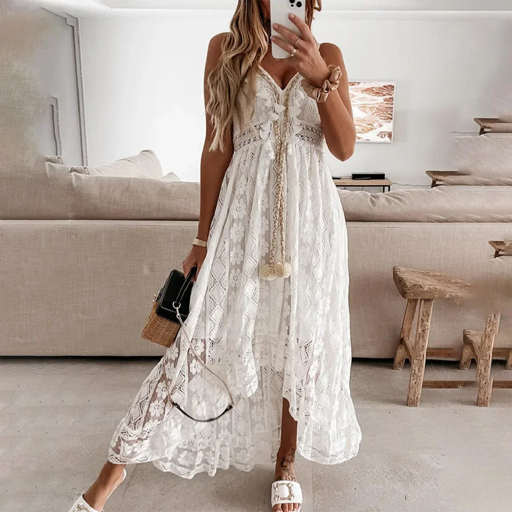 Boho Edge Dress with Tassels and Adjustable Bow Detail