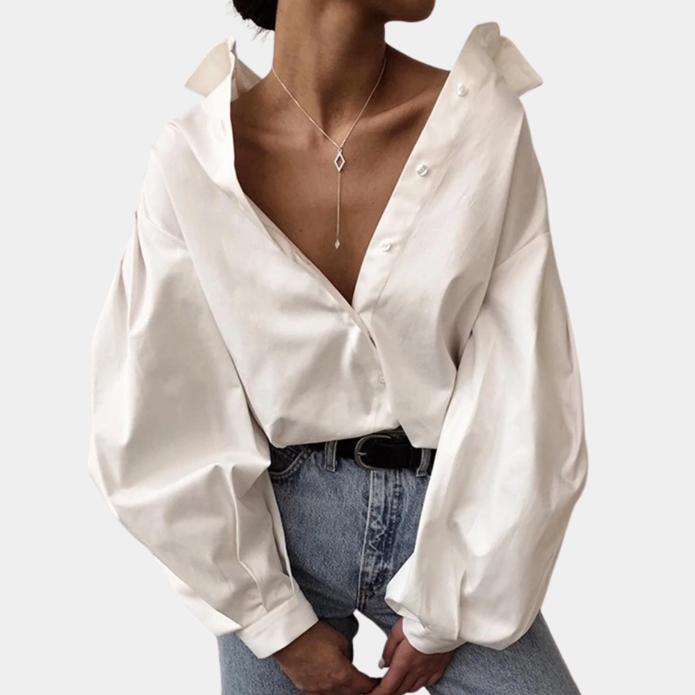 Ladies Oversized Blouse with Deep V-Neck and Statement Sleeves