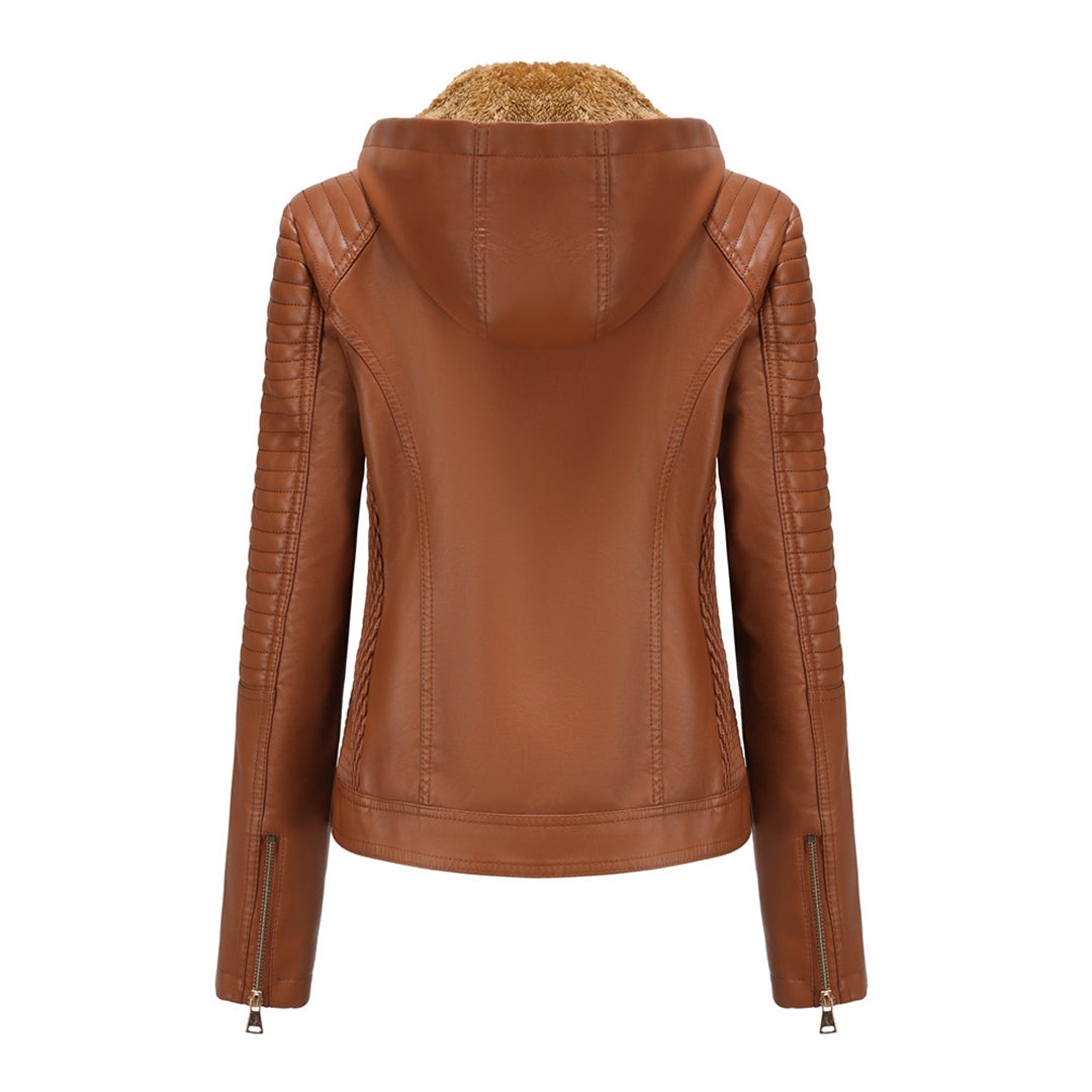 Leather Ladies Jacket with Removable Hood and Zipper