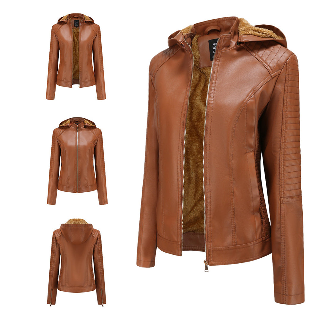 Leather Ladies Jacket with Removable Hood and Zipper