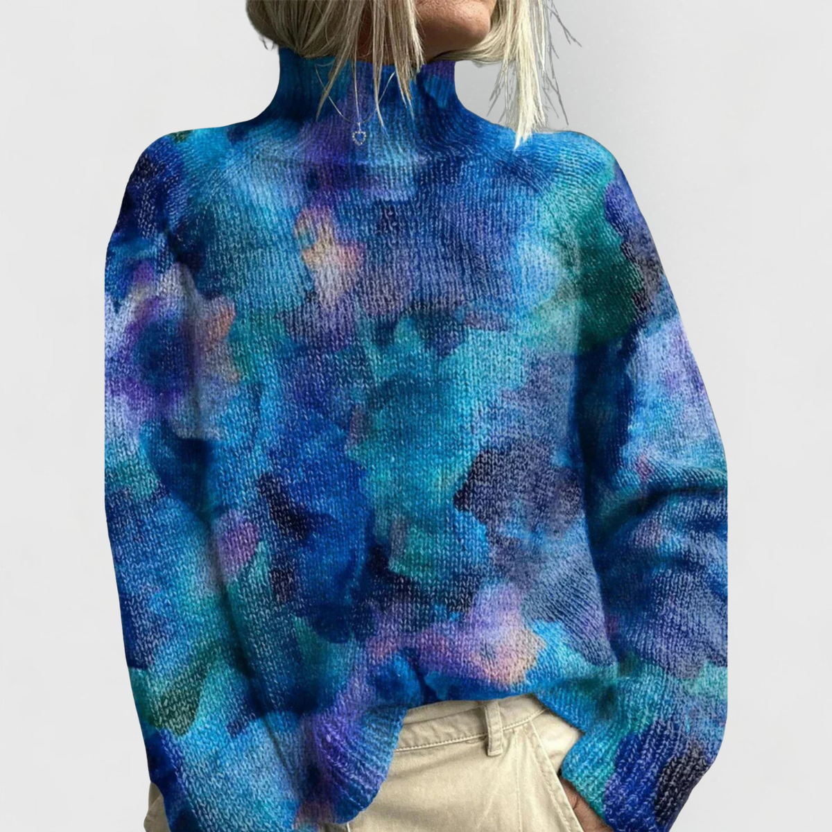 Ladies' Turtleneck Sweater with Nature Print of Forest Animals and Flowers