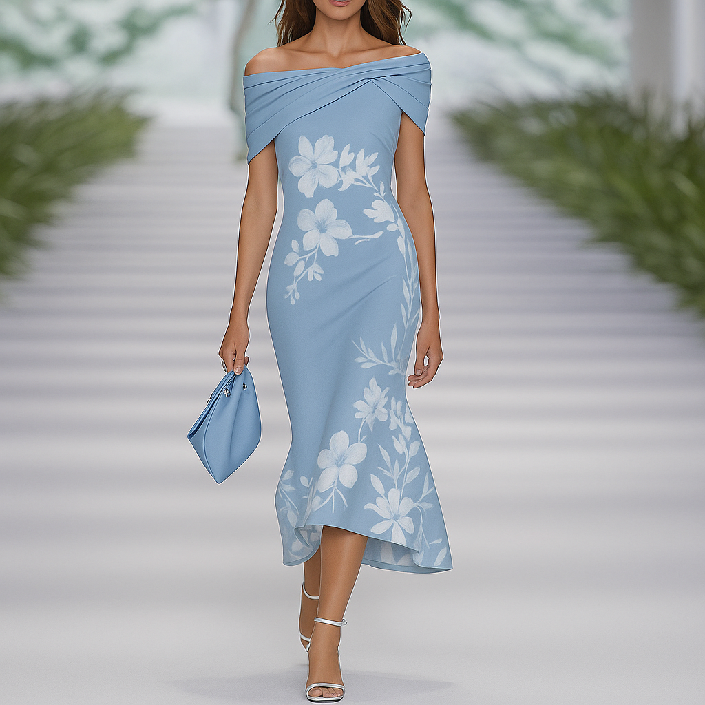 Off-shoulder draped floral dress