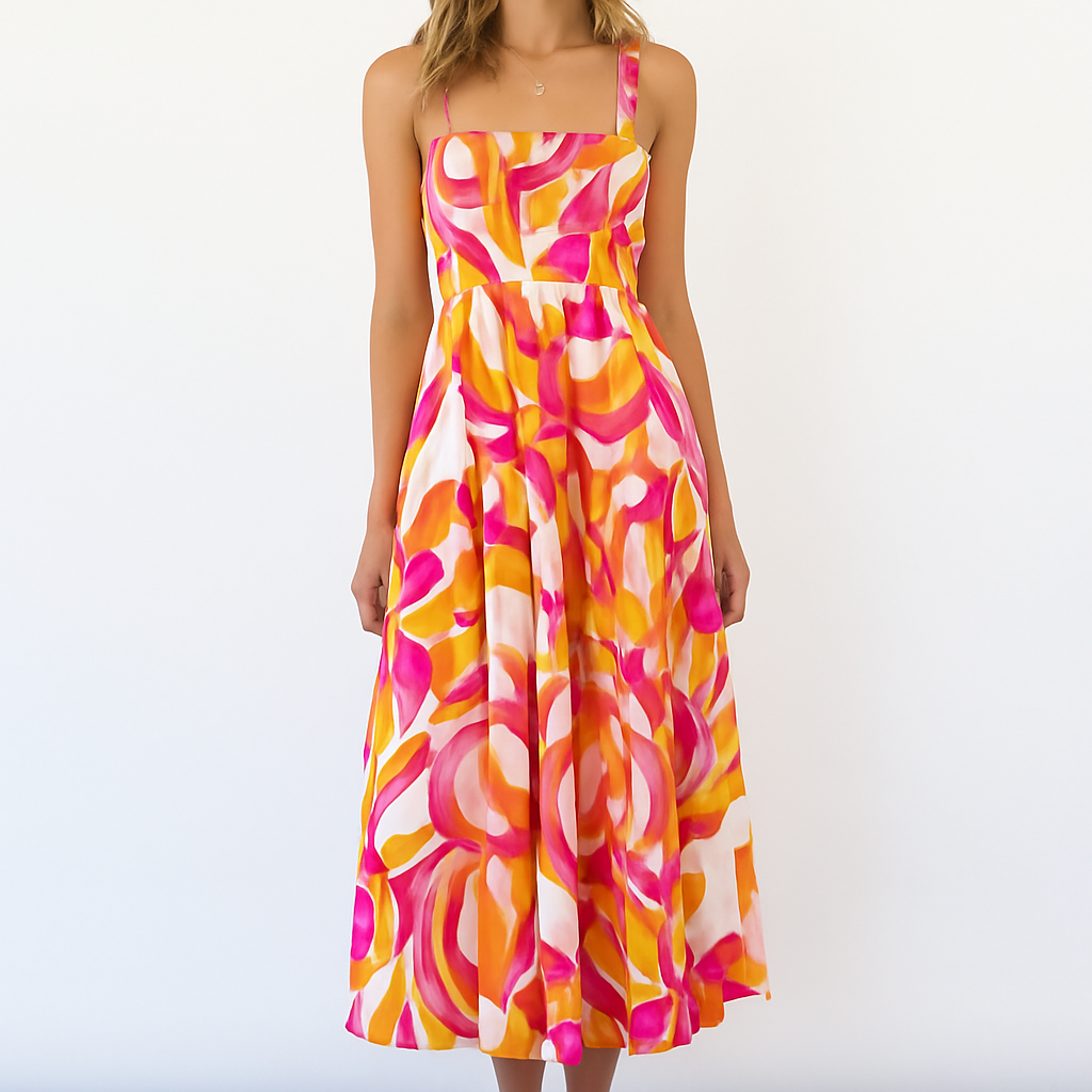 Flowing vintage dress with spaghetti straps and print
