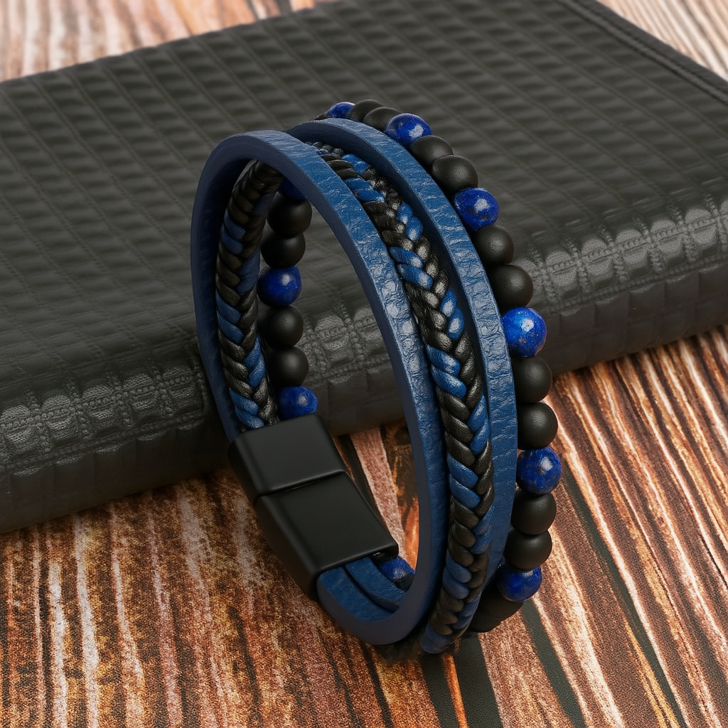 Men's Bracelet Made of Layered Leather and Stone Beads