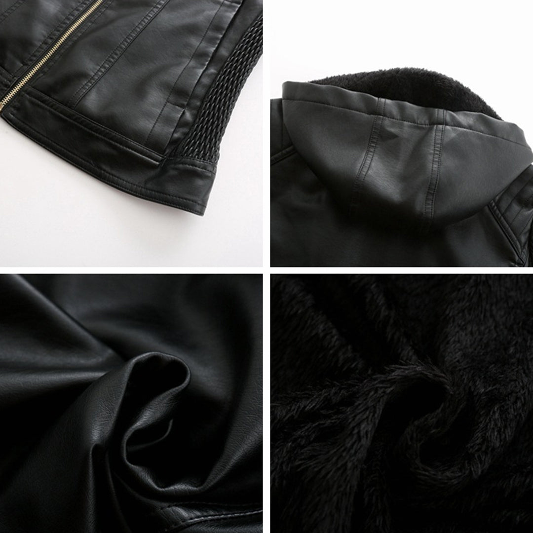 Leather Ladies Jacket with Removable Hood and Zipper