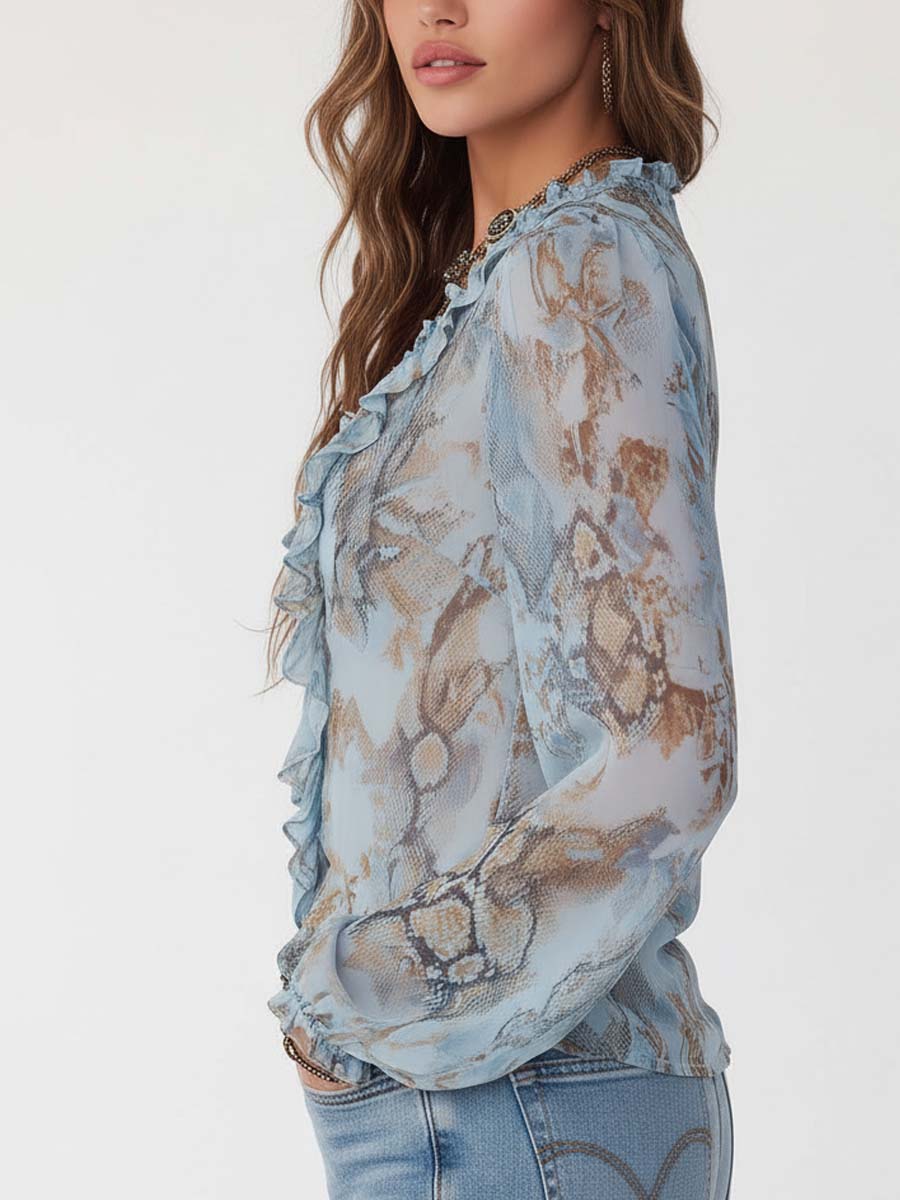 Ladies' Airy Chiffon Blouse with Ruffles and Puff Sleeves
