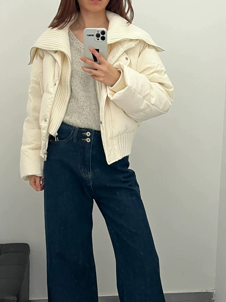 Ladies Short Puffer Winter Jacket Quilted with Ribbed Collar